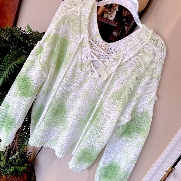 NWOT POL White & Mint Green Lace Up V-Neck Oversized Knit Sweater Casual Spring - Picture 4 of 13